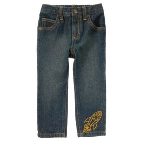Crazy 8 Boys Jeans Size 6-12 mo Mr. Space Alien Rocket Ship Skinny Blue Gold NEW - Picture 1 of 5
